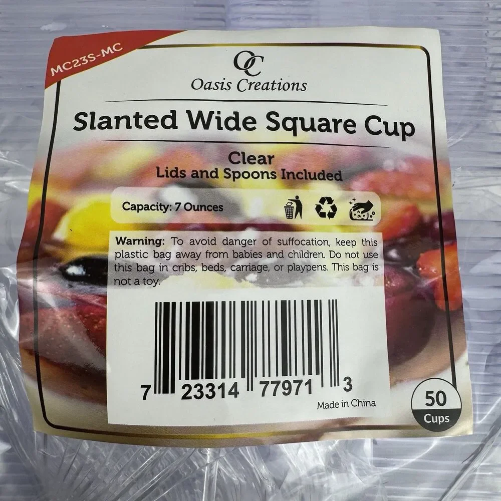 Oasis Creations Slanted Wide Square 7-ounce Dessert Cup Spoons & Lids 50 Count